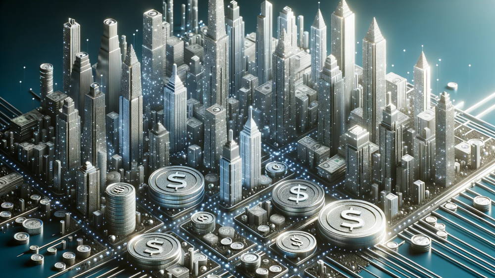 DALL·E 2023-10-09 11.02.27 - 4K super detailed photo with shimmering silver accents. Illustrate a futuristic cityscape where skyscrapers are shaped like coins and currency notes,