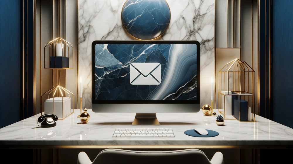 DALL·E 2023-10-09 17.14.13 - Editorial shot of a contemporary office setup with distinct blue marble elements. The computer screen is void of any distractions, solely presenting a