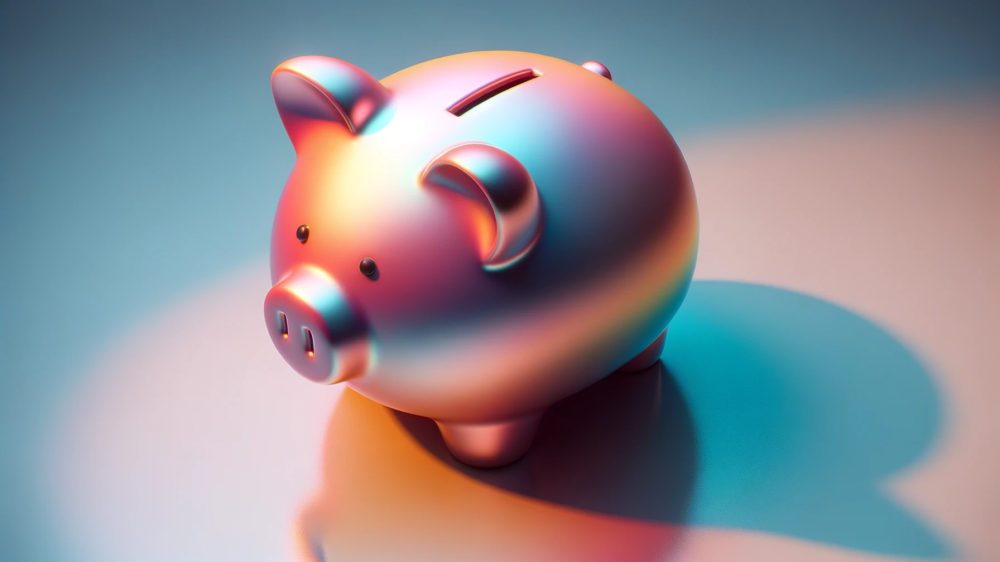 DALL·E 2023-10-09 17.48.17 - Hyper realistic render of a piggy bank on a smooth surface, reflecting the hues of #D11B5B and #0012F4. The piggy bank symbolizes budget constraints,