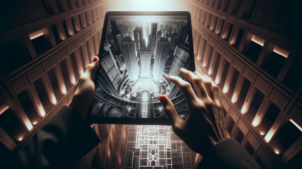 DALL·E 2023-10-10 11.26.02 - Foto em alta definição de mãos de uma pessoa de ascendência asiática segurando um tablet que exibe designs de arquitetura. A iluminação apresenta um g