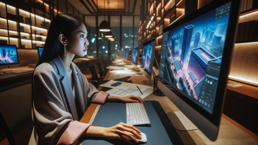 DALL·E 2023-10-10 11.41.13 - Photo of a young architect, of Asian descent and female gender, working on a computer in a stylish office environment. She is focused on a screen that