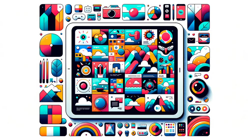 DALL·E 2023-10-13 12.44.40 - Flat vector depiction of a digital tablet, with a collection of vivid featured images in various contemporary designs scattered around, all set agains
