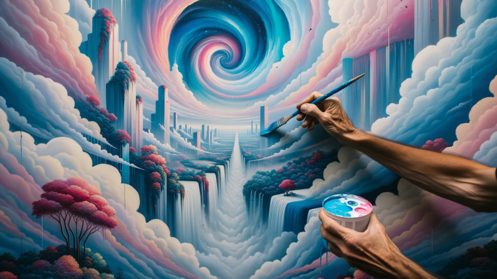 DALL·E 2023-10-14 20.37.54 - Foto em alta definição de duas mãos segurando pincéis, pintando um mural com cores azul e rosa, com um toque premium. A cena tem color grading sutil,