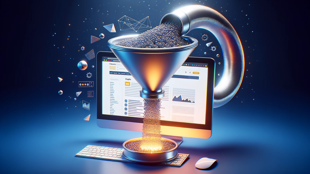 DALL·E 2023-10-14 22.22.42 - Render of a 3D funnel pouring raw data into a computer, which then displays a polished website page, representing the transformation of raw data into