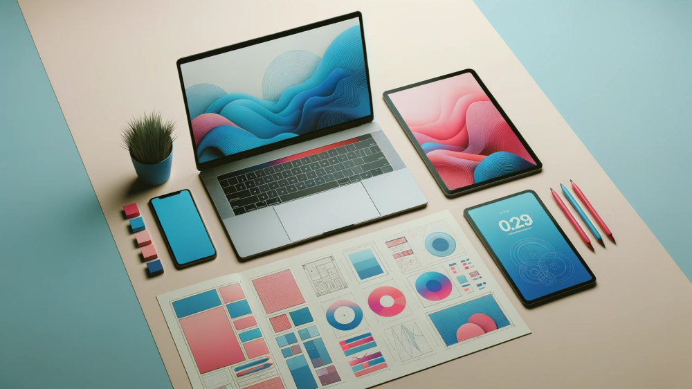 DALL·E 2023-10-14 23.04.30 - Photo of a minimalist desk setup with a blue laptop on one side and a pink digital tablet on the other, both displaying colorful graphics. Beside the