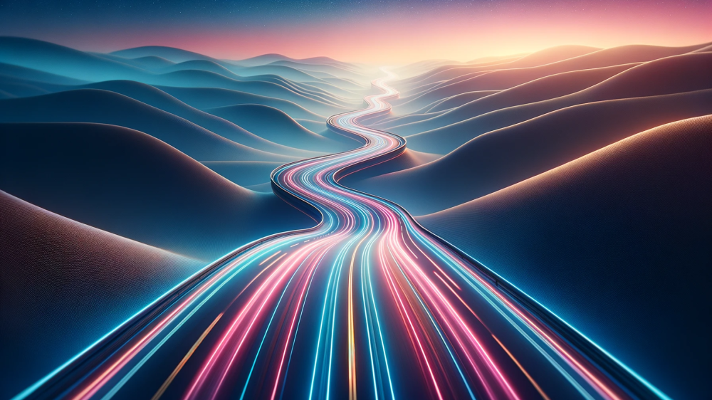 DALL·E 2023-10-16 08.57.58 - Foto em High Definition de uma estrada sinuosa que se estende até o horizonte, simbolizando a jornada do SEO em blogs. A estrada é iluminada por luzes
