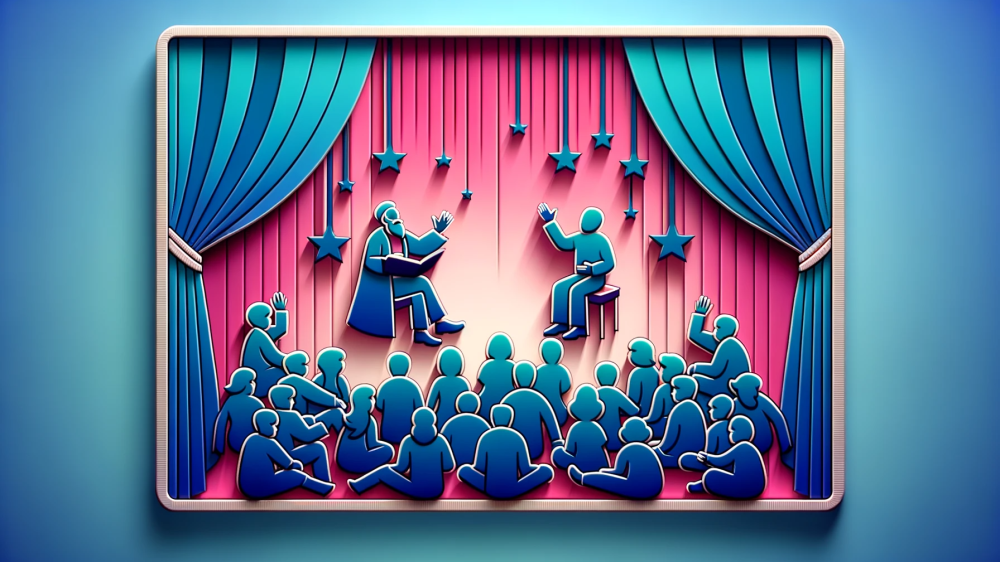 DALL·E 2023-10-16 09.03.48 - Foto premium em High Definition de uma tela dividida. À esquerda, um contador de histórias tradicional de descendência caucasiana masculina sentado e