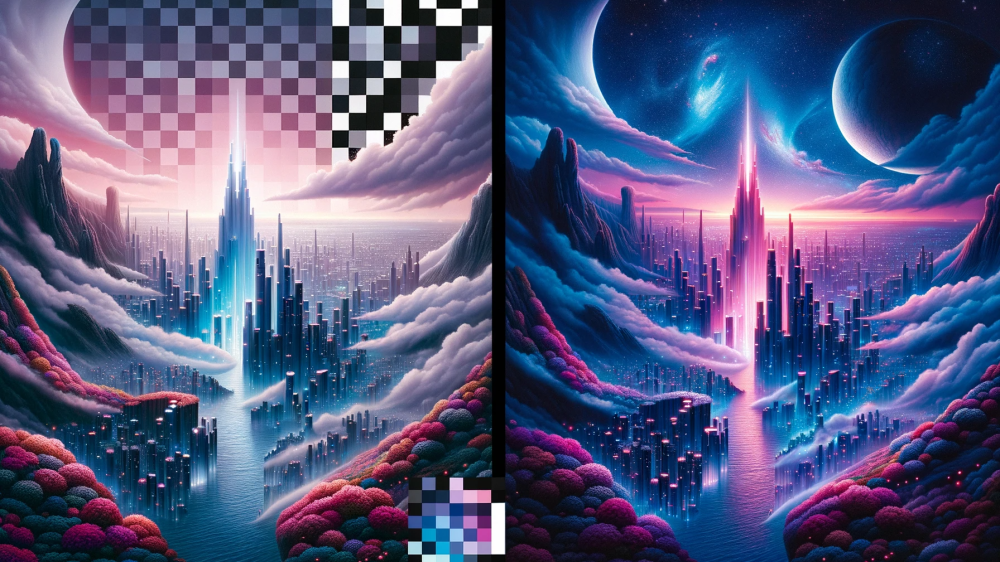 DALL·E 2023-10-16 11.21.39 - Foto em High Definition de duas telas lado a lado. À esquerda, uma imagem pixelada e de baixa resolução; à direita, a mesma imagem, mas em alta resolu