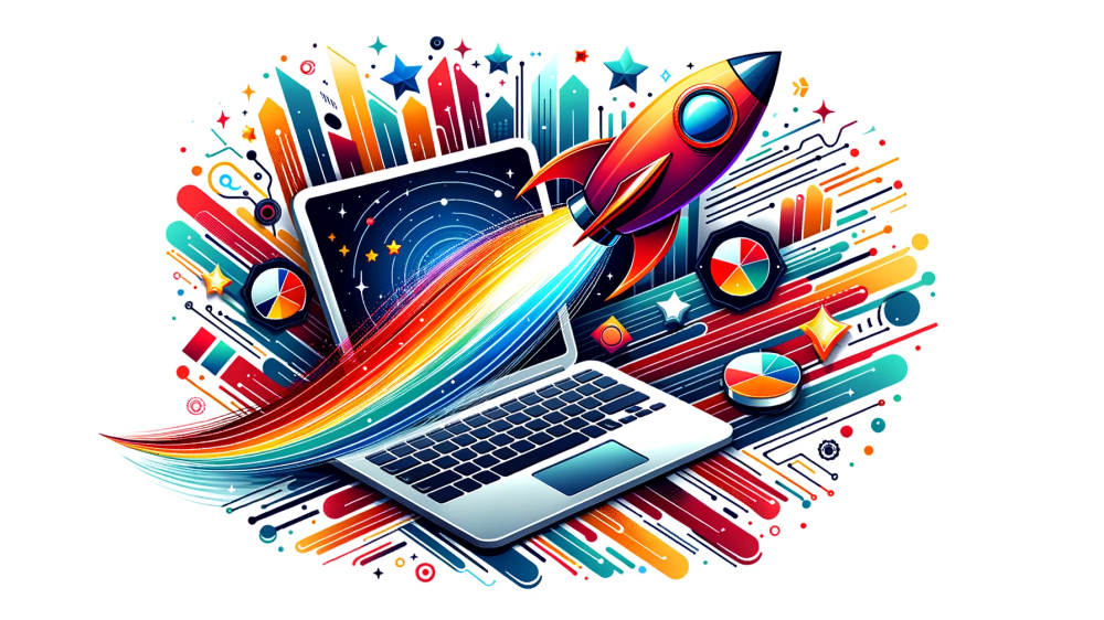 DALL·E 2023-10-22 02.00.09 - Vector design of a bold-colored rocket taking off from a laptop keyboard, symbolizing efficient report submission. The background is illuminated dynam