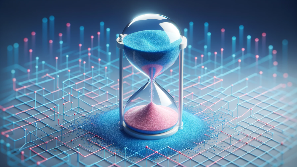 DALL·E 2023-10-22 11.36.08 - Render of an hourglass with blue and pink sand grains, symbolizing the ideal intervals for digital marketing performance reports