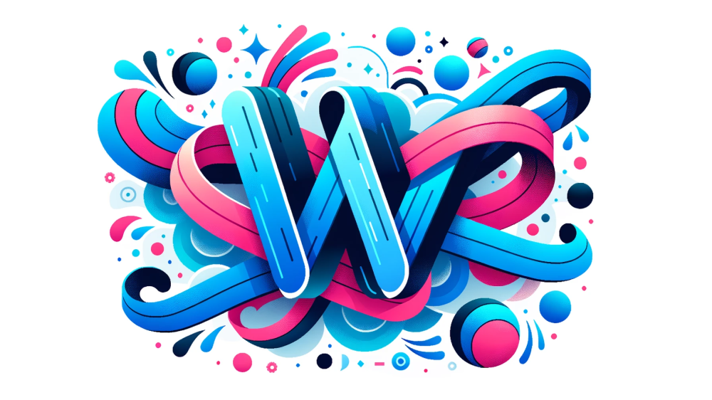 DALL·E 2023-10-22 12.03.17 - Vector of a blue and pink intertwined ribbon representing WordPress and snippets. The ribbon floats in a space filled with vibrant, artistic, and inno