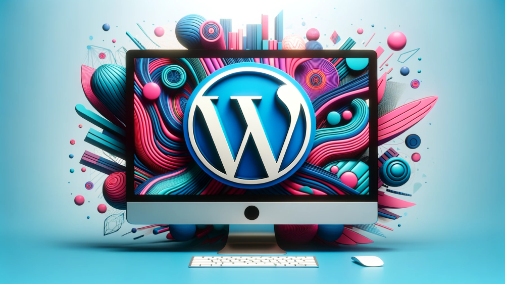 DALL·E 2023-10-22 12.33.36 - Photo showing a computer screen displaying the WordPress logo in vibrant blue and an artistic representation of a snippet in bold pink. Surrounding th