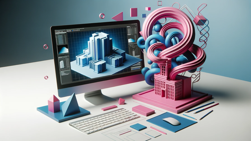 DALL·E 2023-10-22 12.51.57 - Render of a digital workspace where a computer screen displays a 3D model of a building in blue, while a nearby artistic sculpture in pink symbolizes