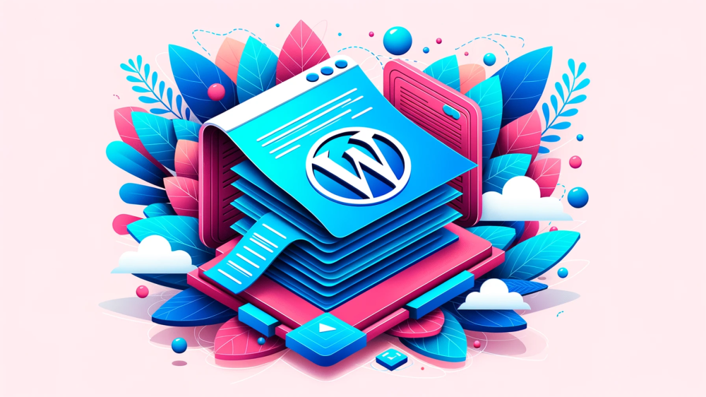 DALL·E 2023-10-22 13.09.00 - Illustration of a vibrant blue web page being folded artistically into a pink 3D structure, representing the conversion in WordPress. The surroundings