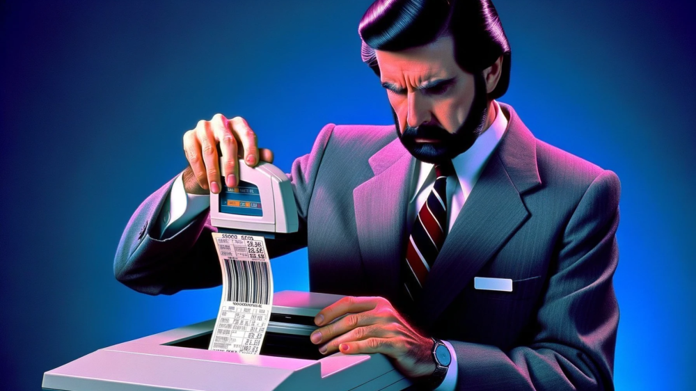 DALL·E 2023-10-22 14.08.22 - Foto dos anos 80 de uma pessoa segurando um scanner de código de barras, lendo um SKU de um produto. Fundo em degradê de azul e rosa