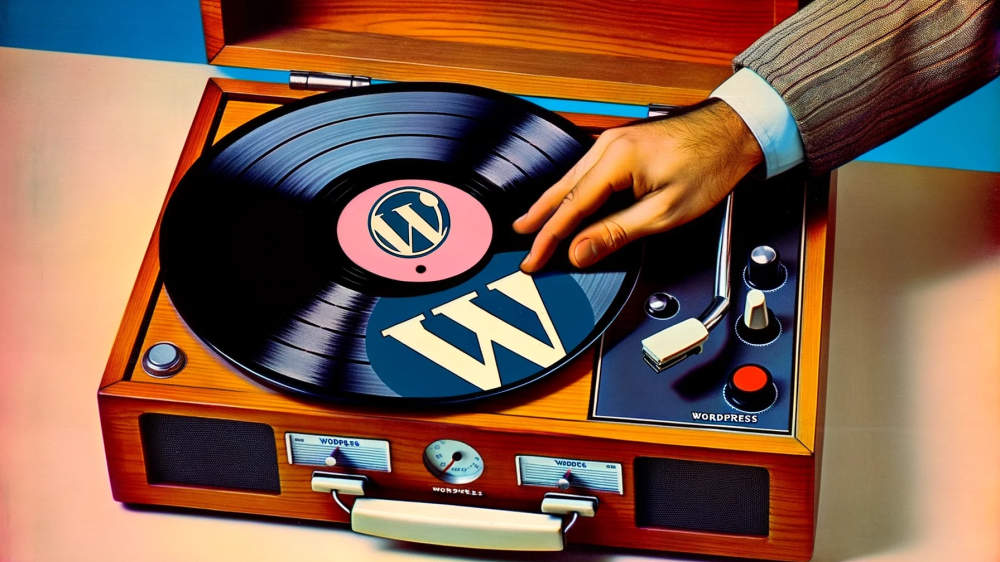 DALL·E 2023-10-22 17.53.20 - Foto dos anos 80 de uma vitrola tocando dois discos de vinil, um com um rótulo de WordPress.com e o outro de WordPress.org. Fundo em degradê de azul e