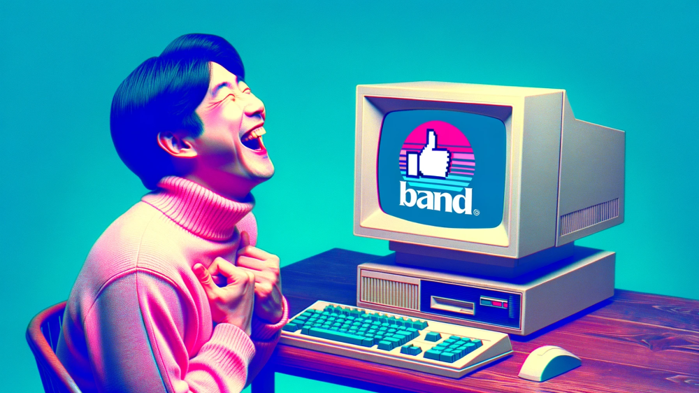 DALL·E 2023-10-22 18.26.44 - Photo in 1980s aesthetic showing a person of Asian descent expressing joy while looking at a vintage computer screen displaying a brand logo. Main col