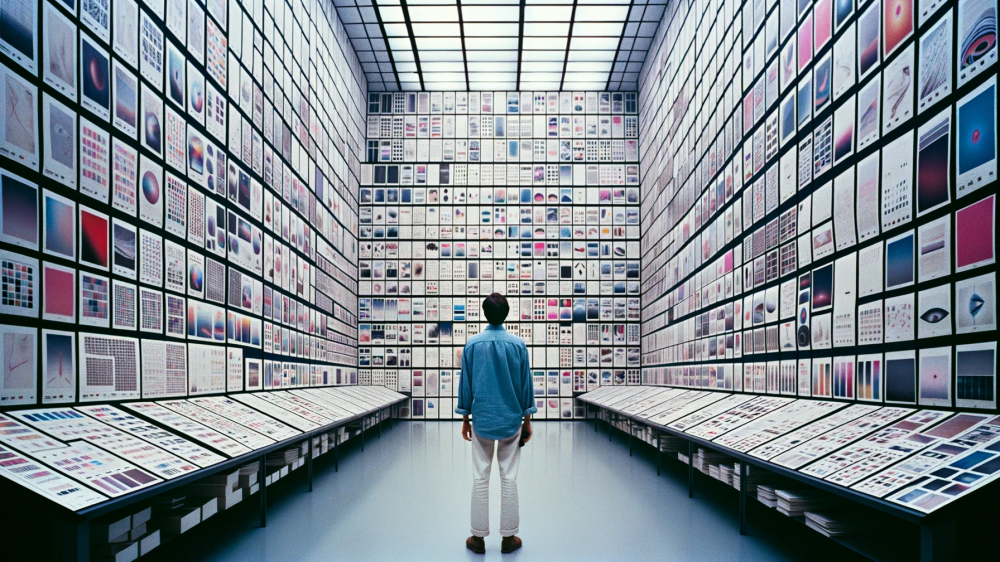 DALL·E 2023-11-06 22.35.08 - Foto horizontal de um designer dos anos 80, observando uma parede repleta de layouts pendurados, onde o espaço em branco domina cada design em tons de