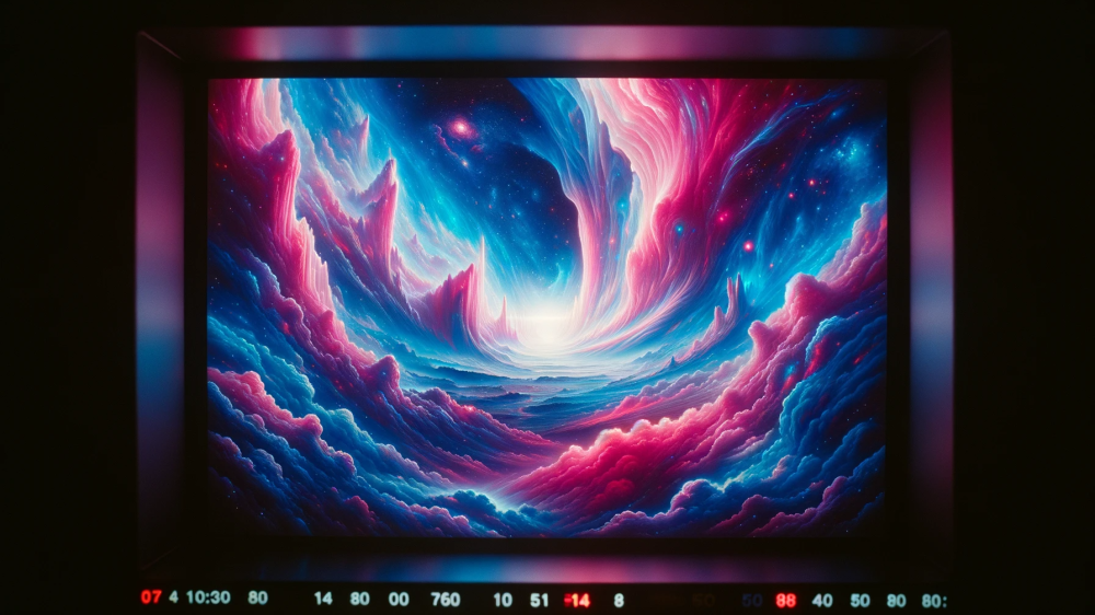 DALL·E 2023-11-06 22.39.47 - Foto horizontal de uma tela de computador exibindo uma imagem vibrante de alta resolução em tons de azul e rosa. A cena é capturada com uma câmera de