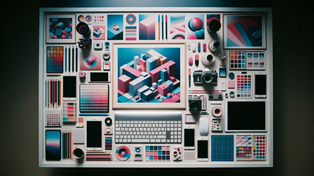 DALL·E 2023-11-06 22.40.45 - Foto horizontal de uma mesa de trabalho com diversos dispositivos, todas as telas exibindo fundos abstratos ou limpos em tons de azul e rosa. A imagem