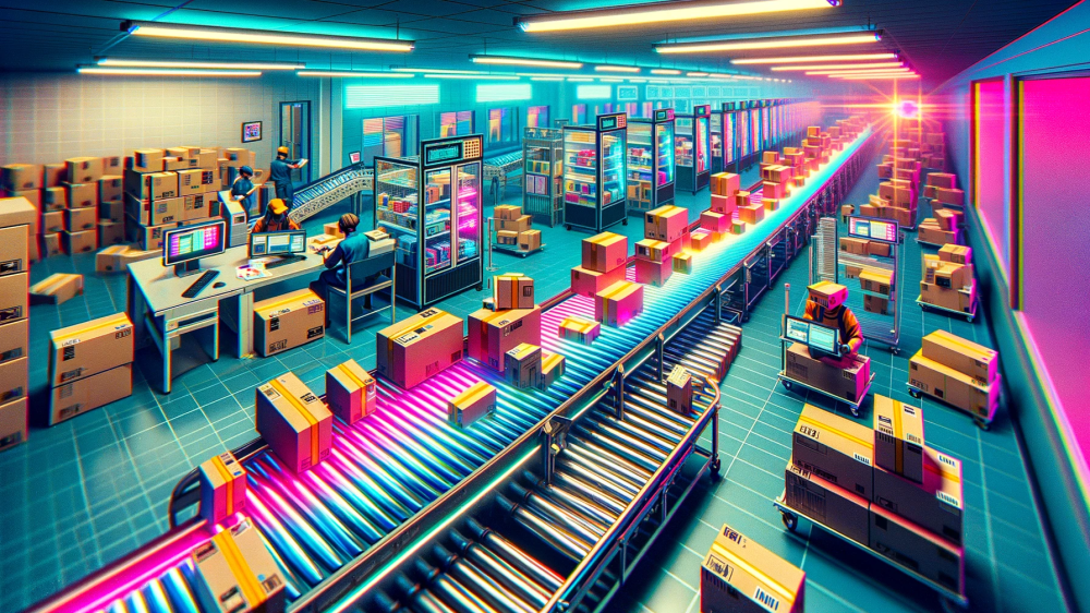 DALL·E 2023-11-25 21.56.20 - A photograph in the 1980s style, depicting a lively e-commerce packaging and shipping area. The scene includes a conveyor belt with various electronic